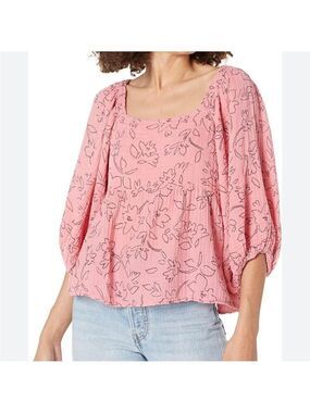 Michael Stars Patsy Linework Flora Square neck puff sleeve double gauze pink top